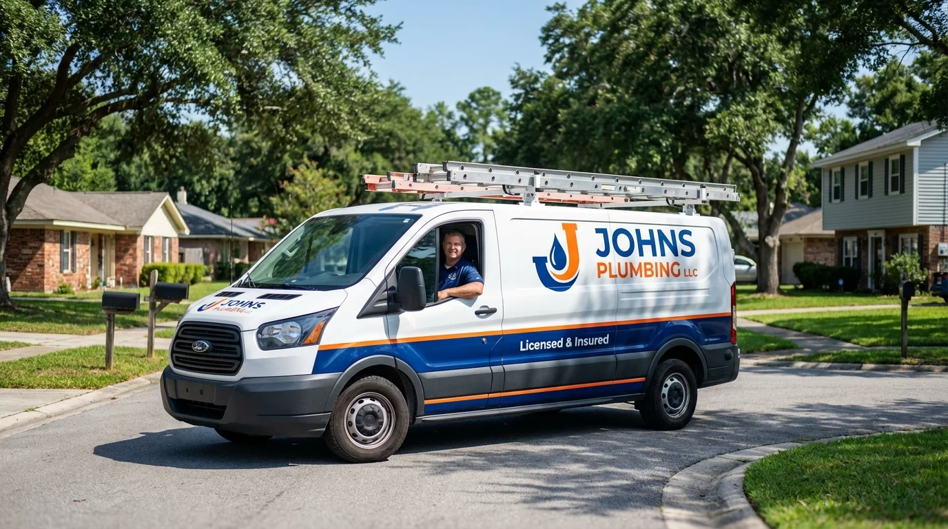 Johns Plumbing LLC service van in Delhi, LA