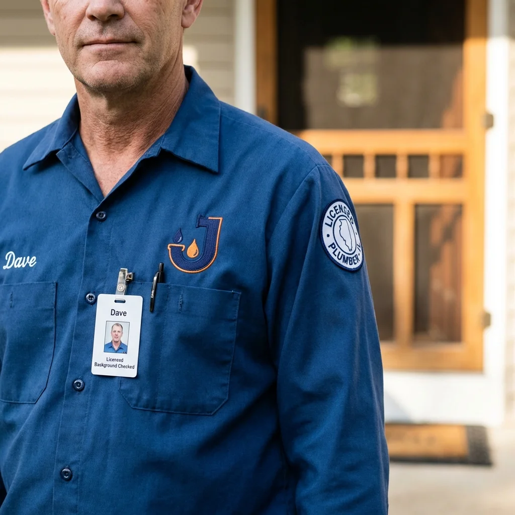 Licensed plumber showing ID badge in Delhi, LA