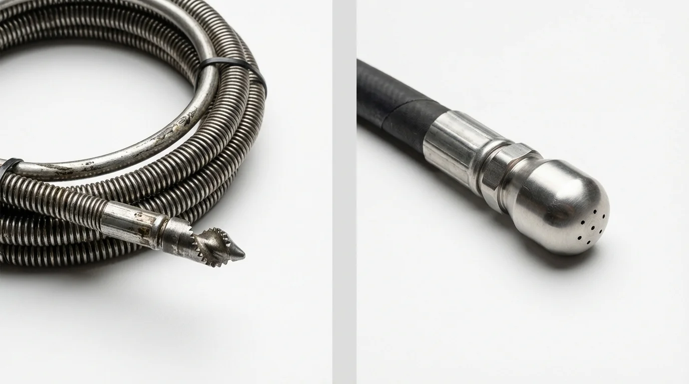 Drain snake cable and hydro jetting nozzle used for drain cleaning in Delhi, LA