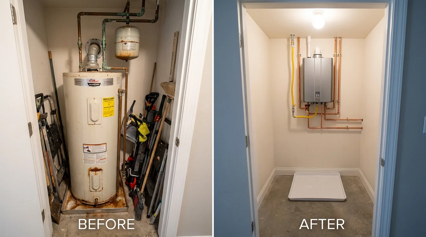 Tank water heater versus wall-mounted tankless unit comparison for Delhi, LA homeowners