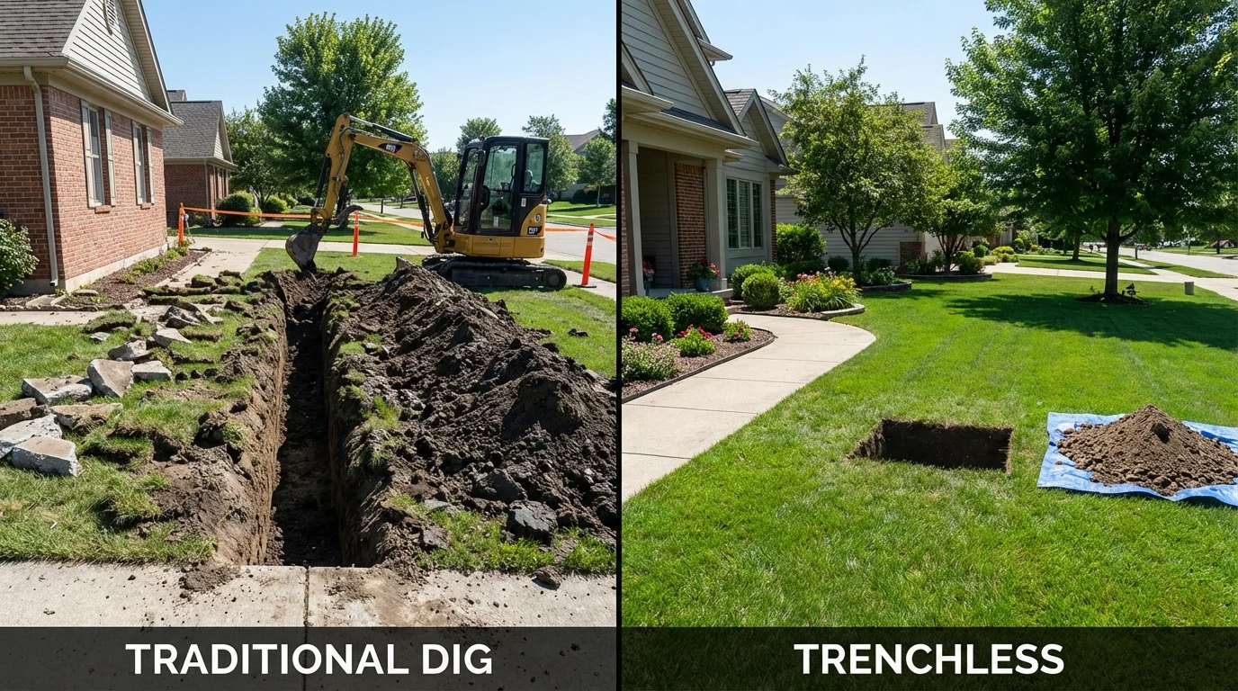 Trenchless sewer repair with minimal yard damage versus traditional excavation in Delhi, LA