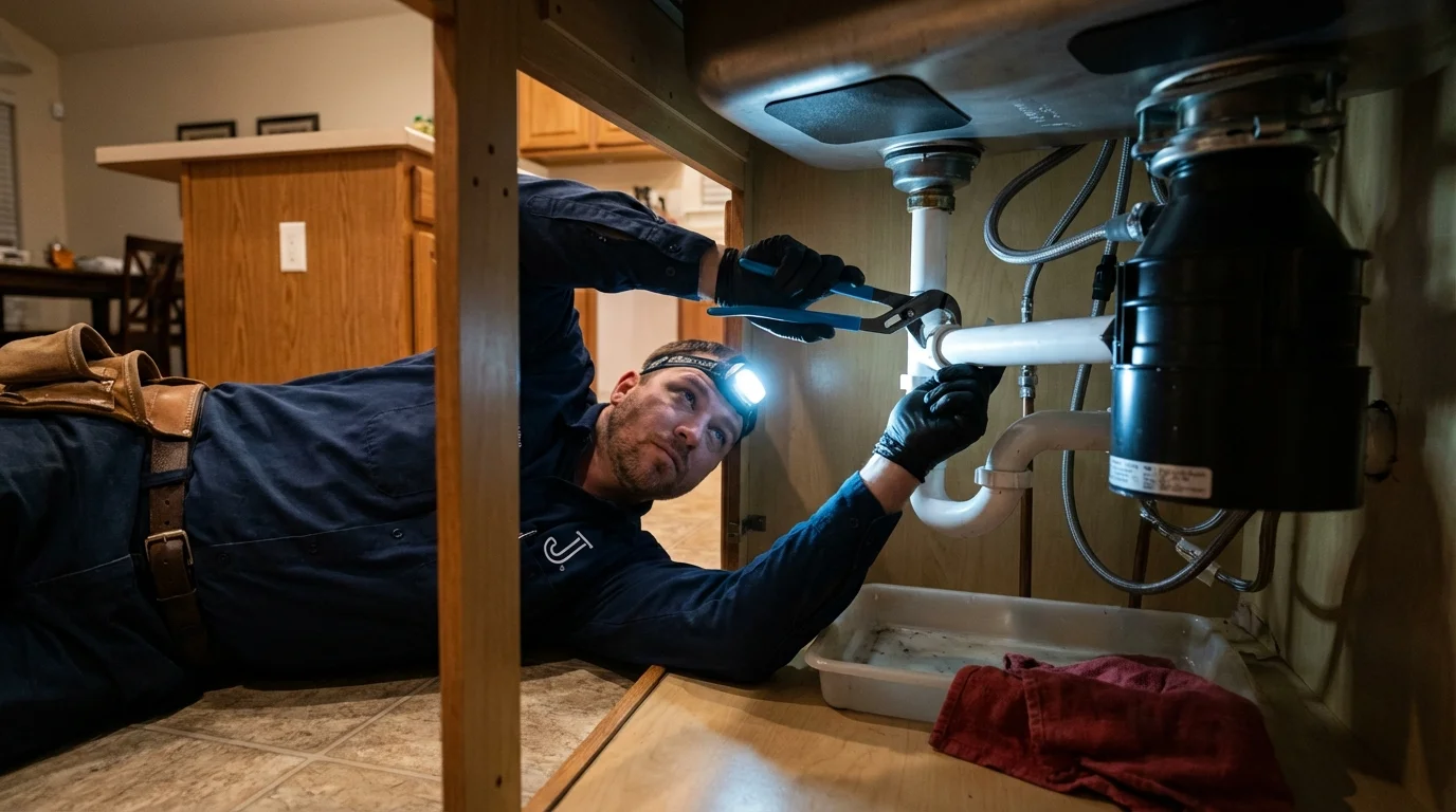 P-trap and supply line connections under a kitchen sink showing a common leak point in Delhi, LA